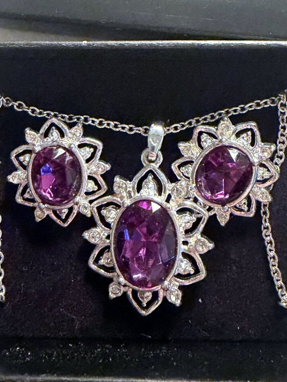 Avon February Birthstone Necklace Earrings Set Amethyst Purple Silver